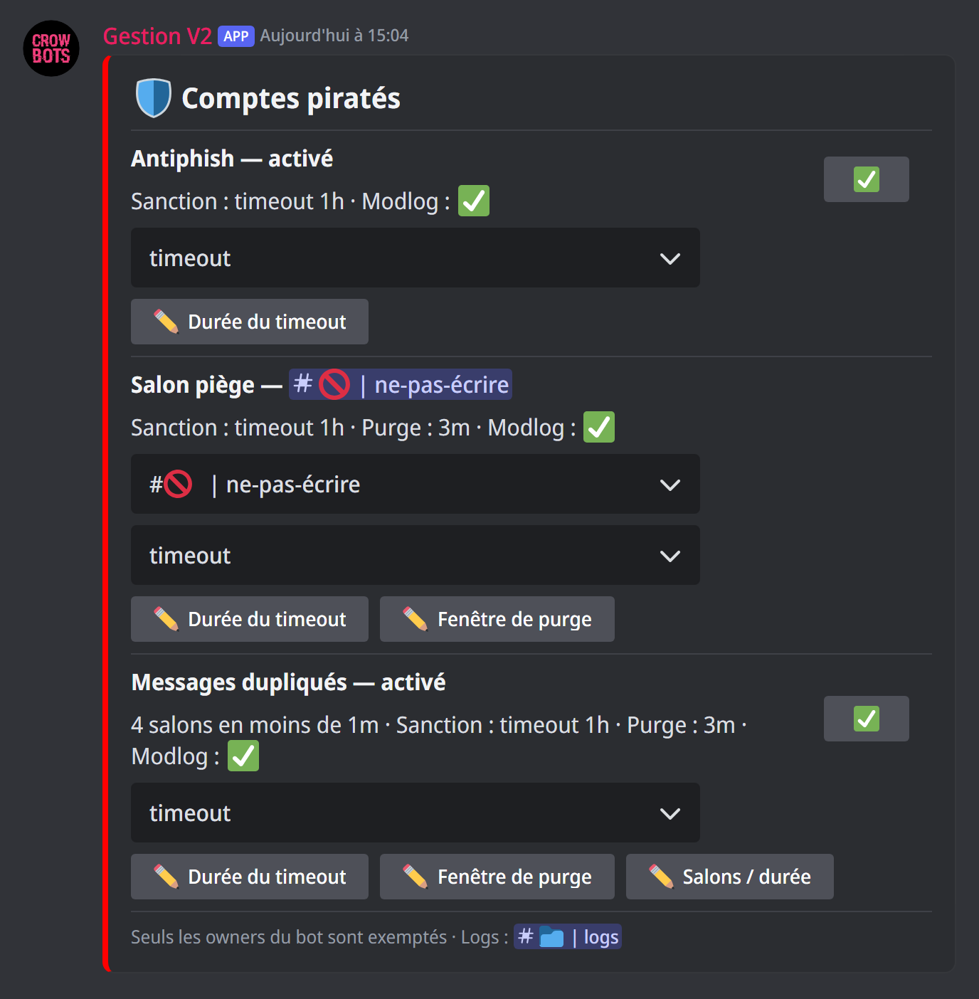 Le panneau de l'antihack