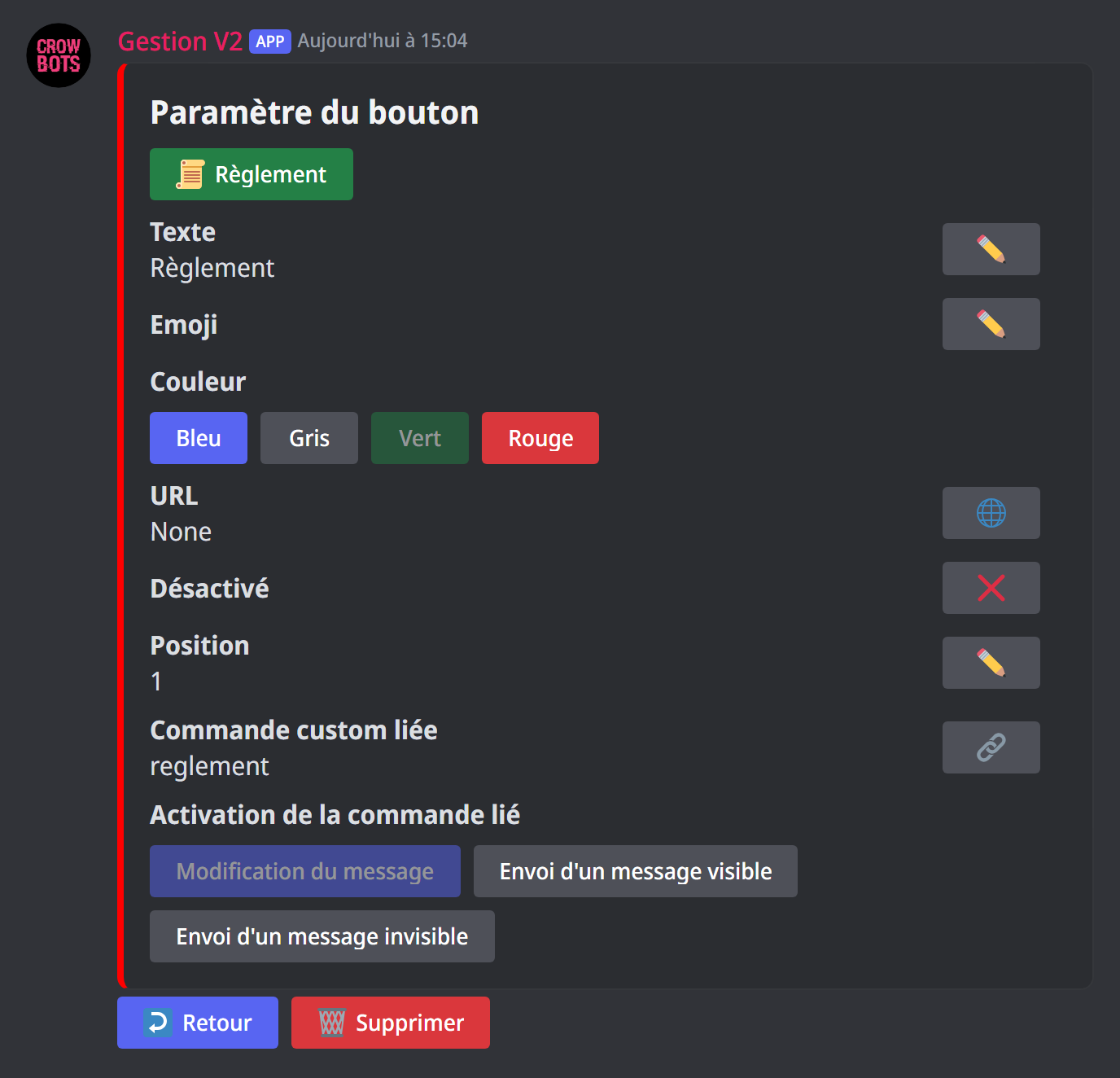 Les réglages d'un bouton