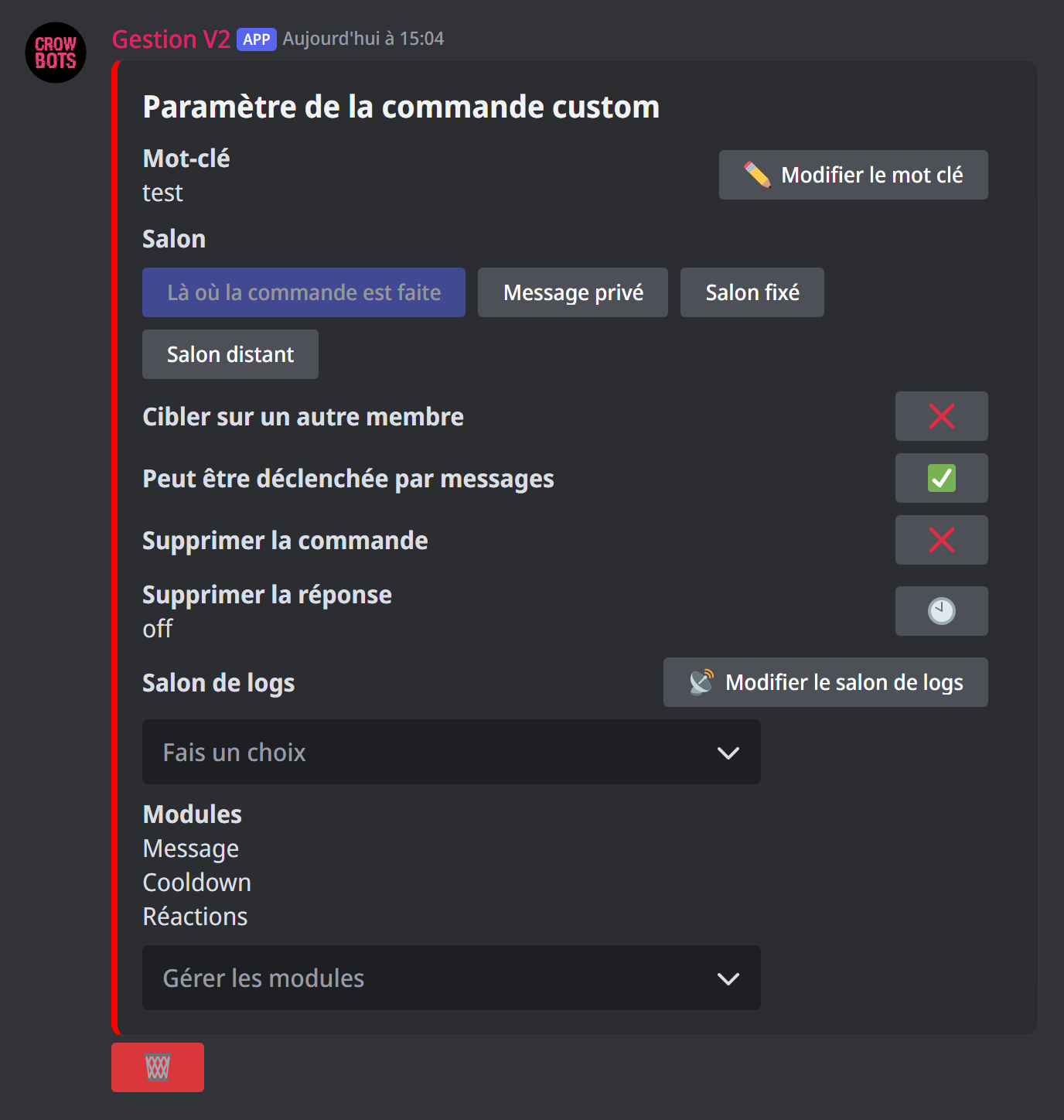 Le panneau d'une commande custom