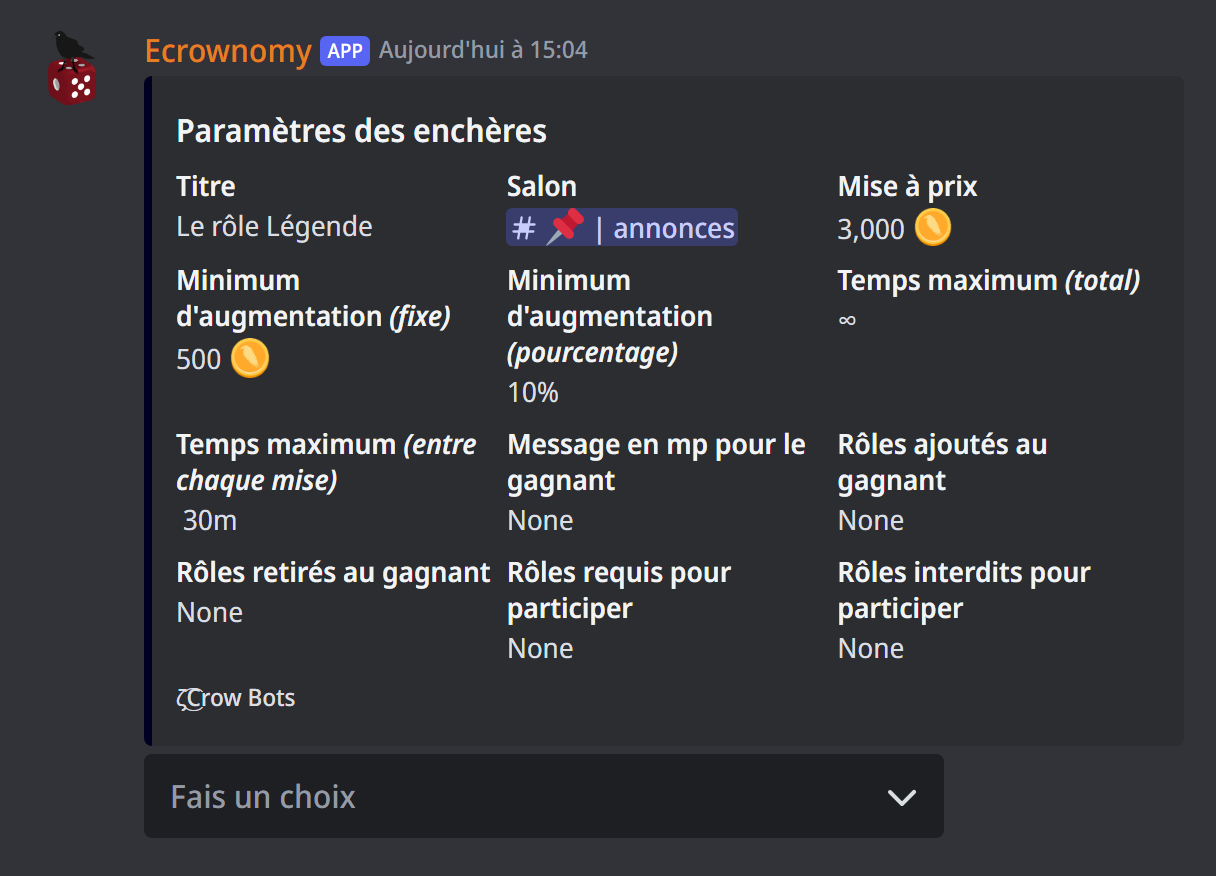 Le panneau d'une nouvelle enchère