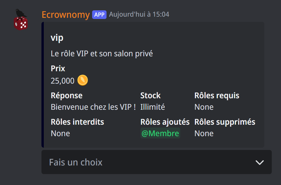 Le panneau d'un item