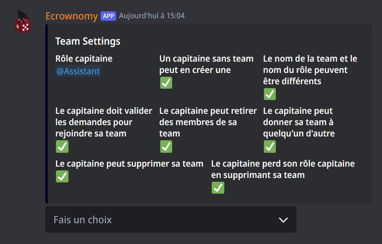 Le panneau des teams