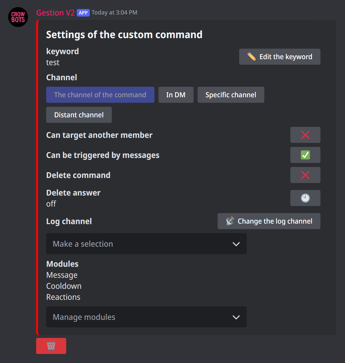 A custom command's panel