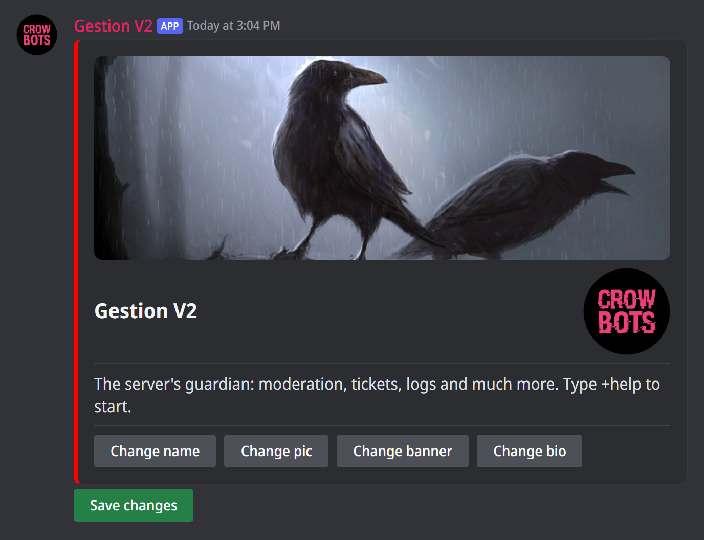 The bot's profile panel