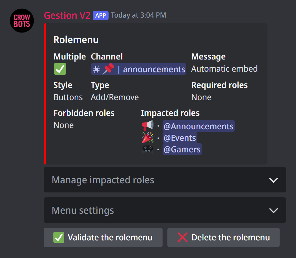 A role menu's panel