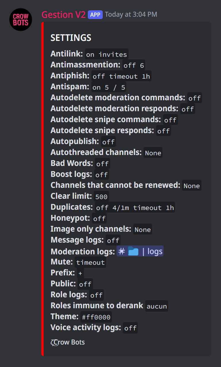 The settings summary