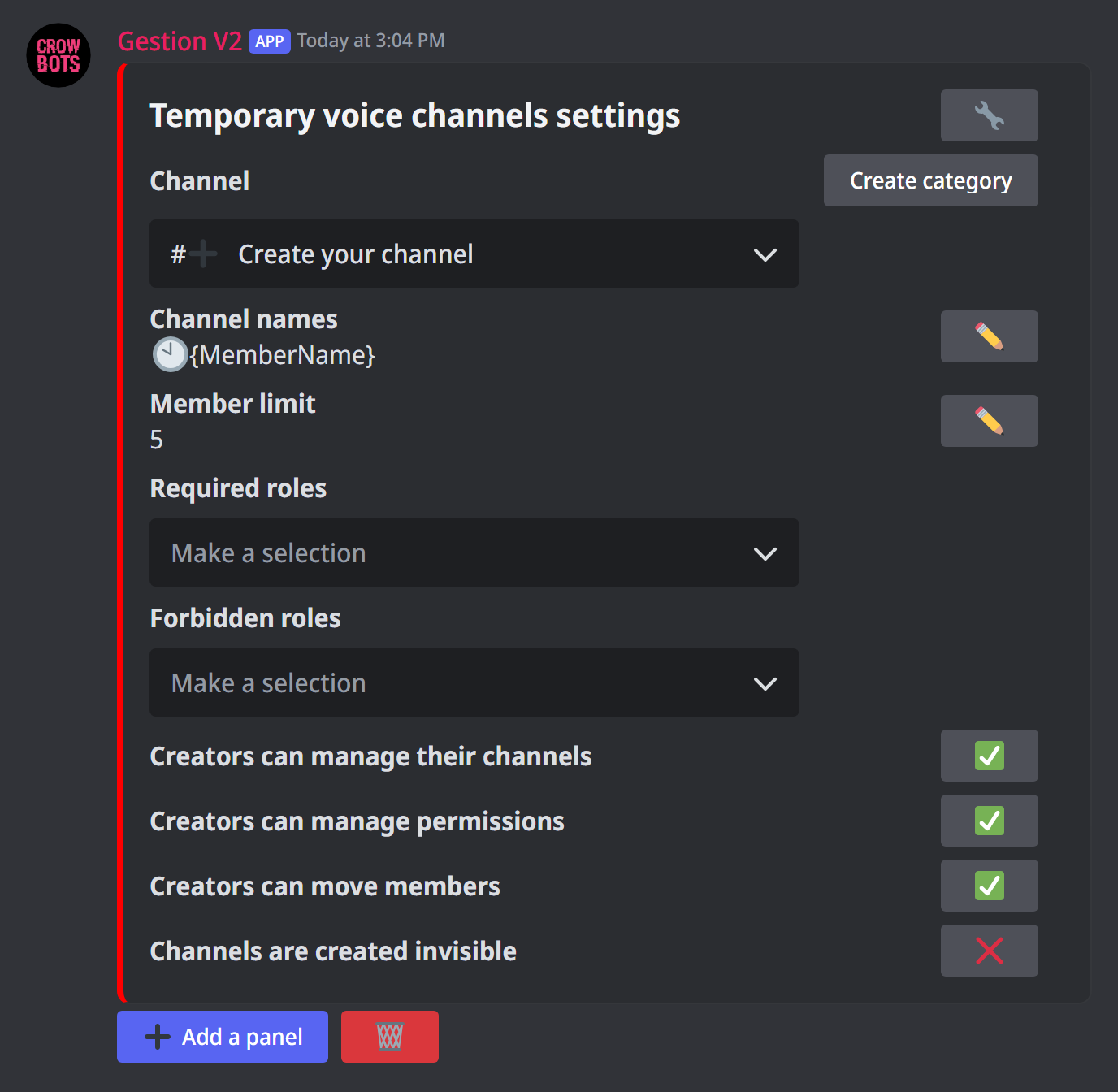 The temporary voice channels panel