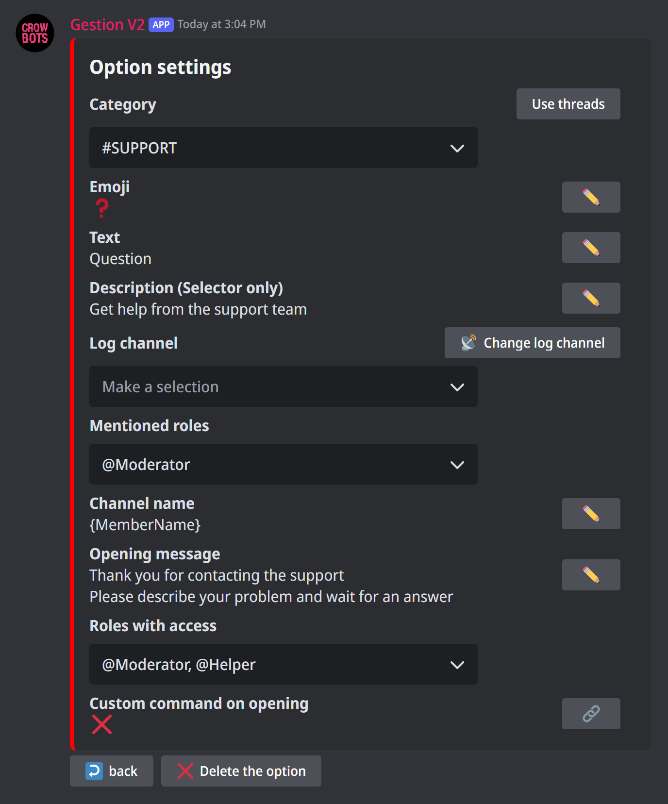 An option's settings