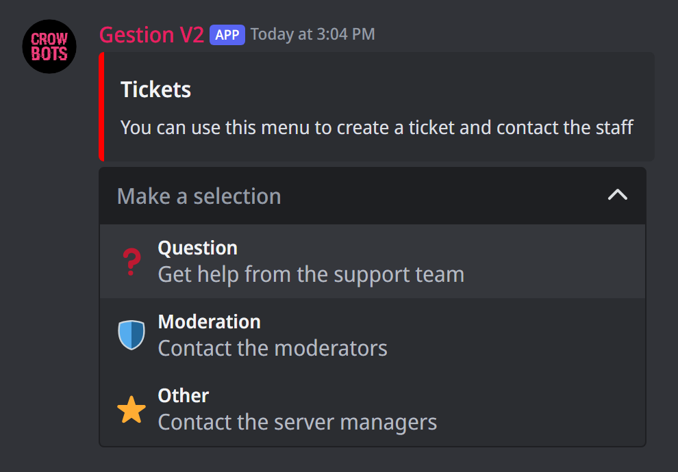 The ticket menu, with a drop-down