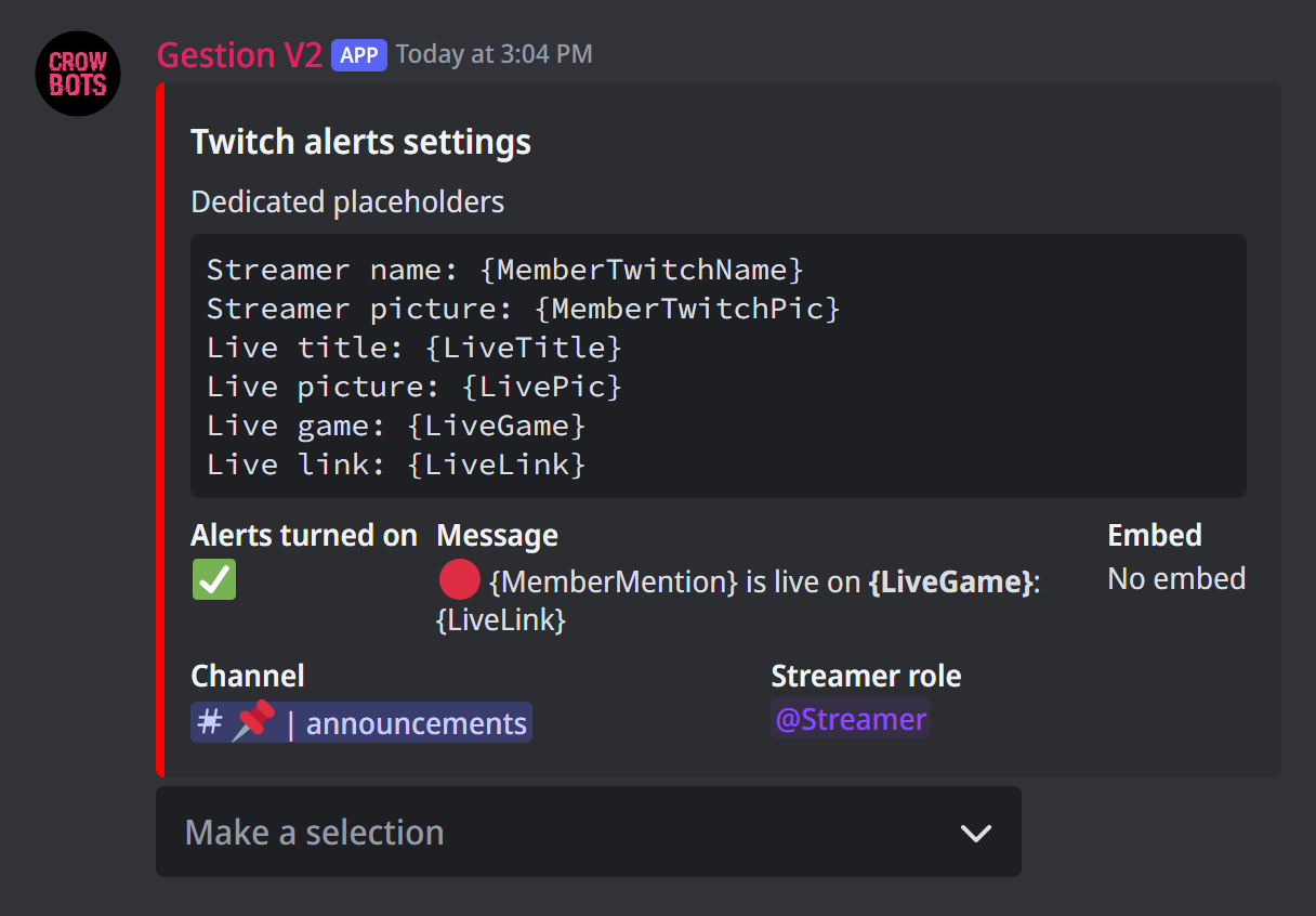 The Twitch alerts panel