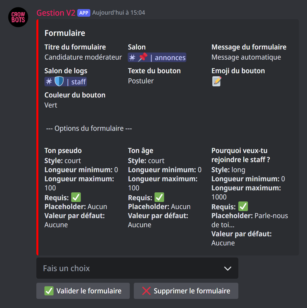 Le panneau d'un formulaire