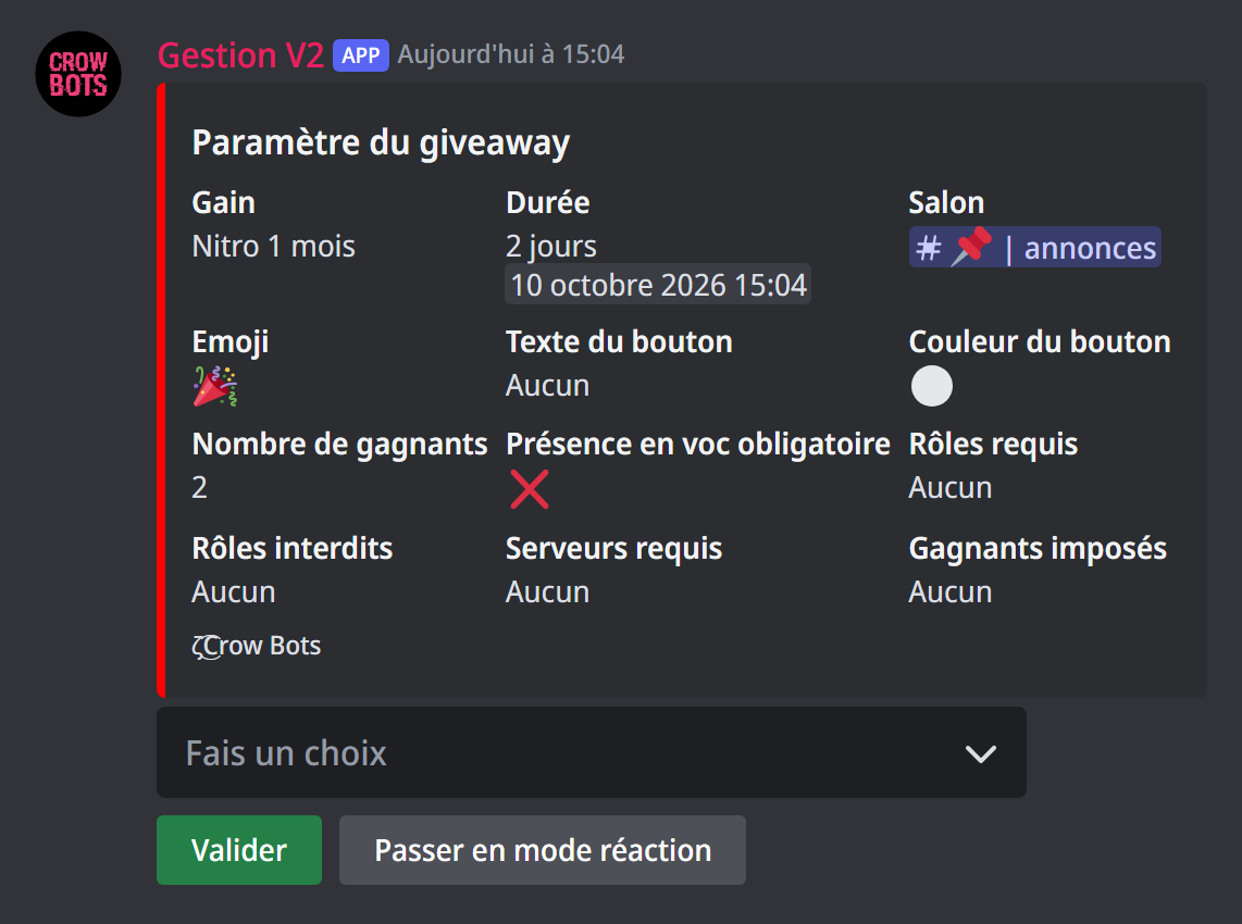 Le panneau d'un giveaway