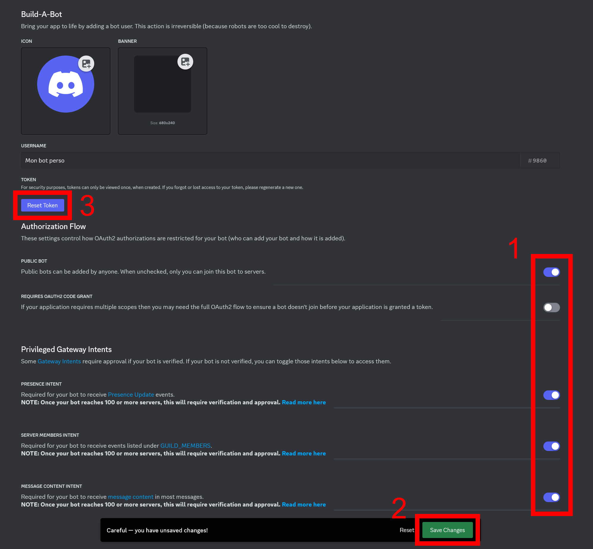 Les options à cocher dans l'onglet Bot