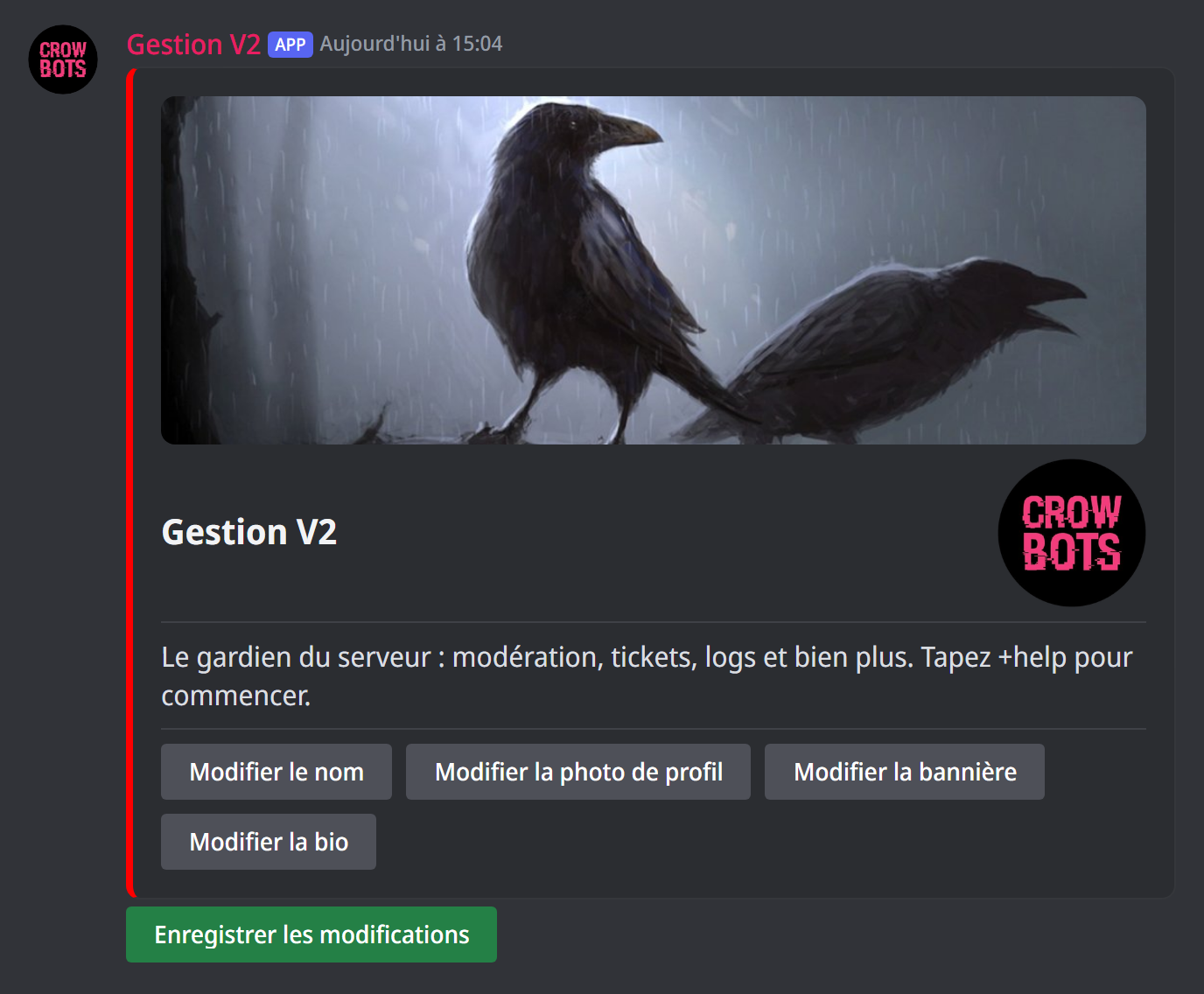Le panneau du profil du bot