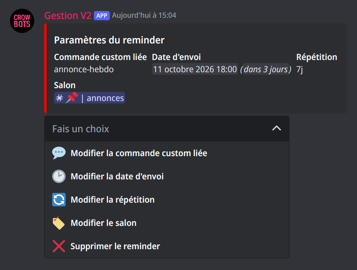 Le panneau d'un reminder