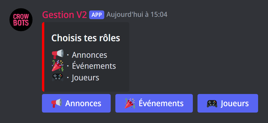 Le menu de rôles publié