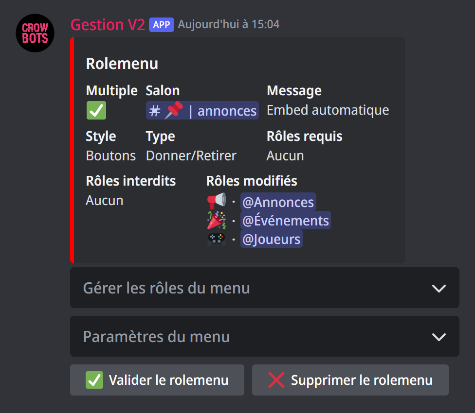 Le panneau d'un menu de rôles
