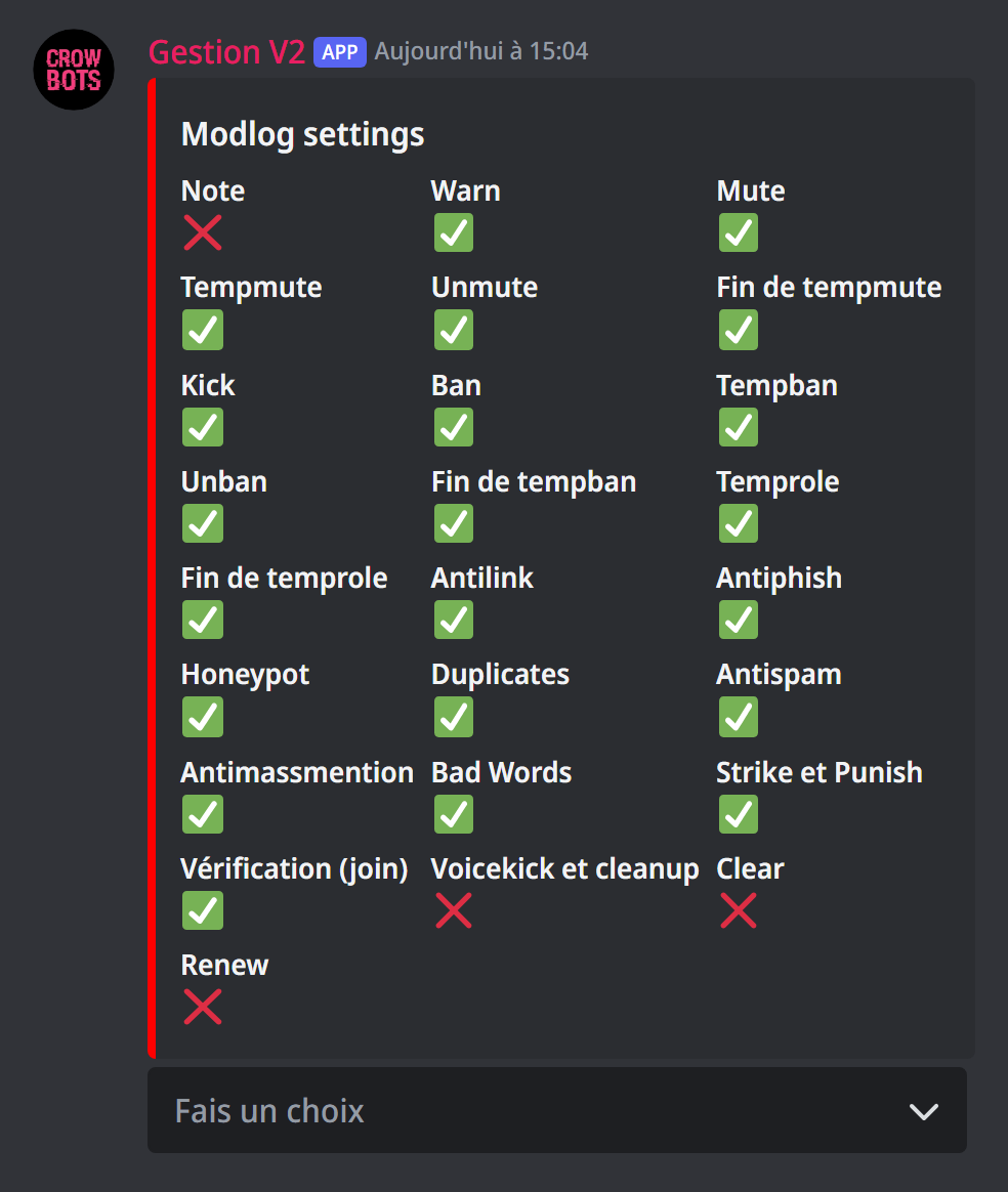 Le panneau des logs de modération