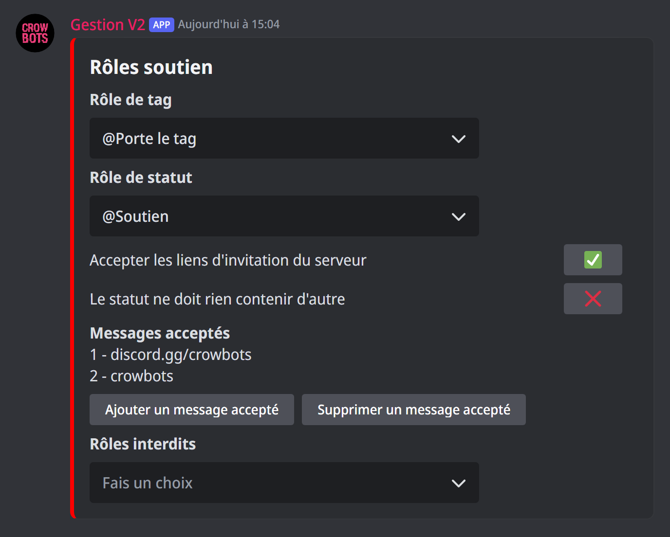 Le panneau du rôle soutien