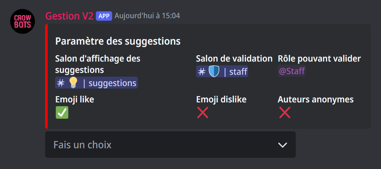 Le panneau des suggestions