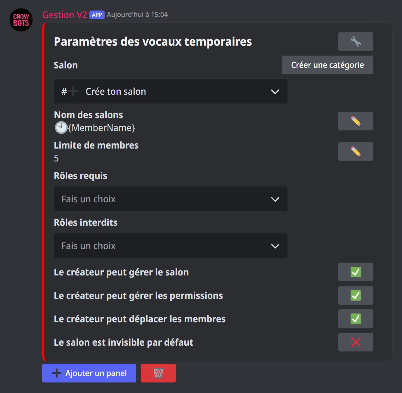 Le panneau des vocaux temporaires