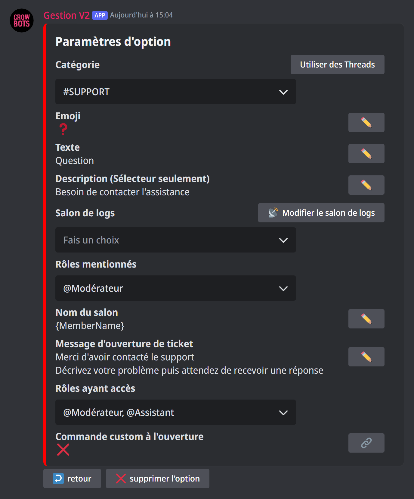 Les réglages d'une option