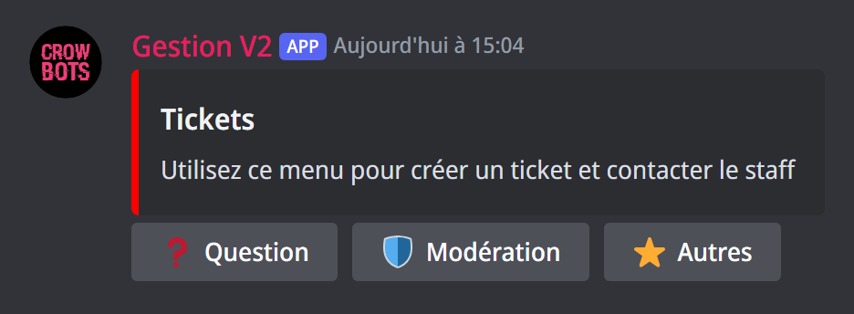 Le menu des tickets, avec des boutons
