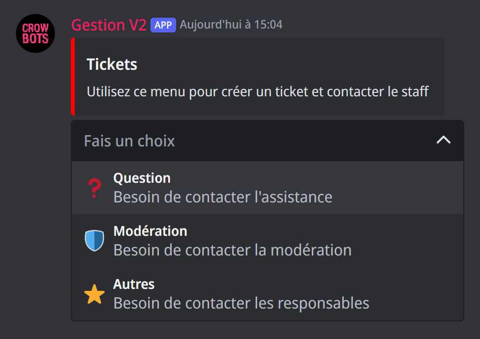 Le menu des tickets, avec un menu déroulant