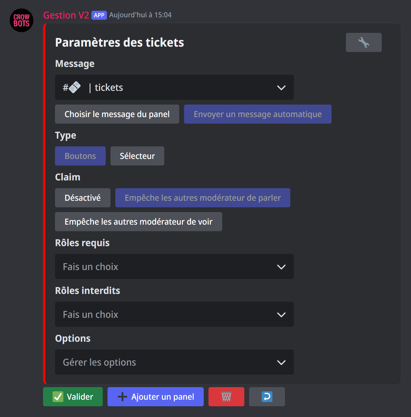 Le panneau des tickets