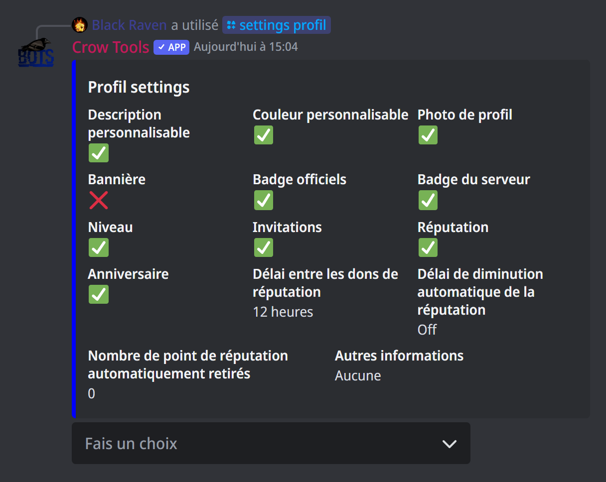 Le panneau des réglages des profils