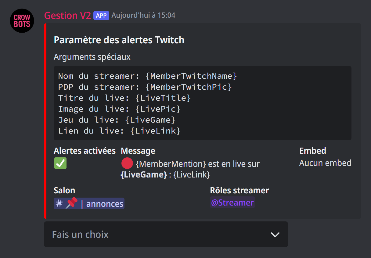 Le panneau des alertes Twitch